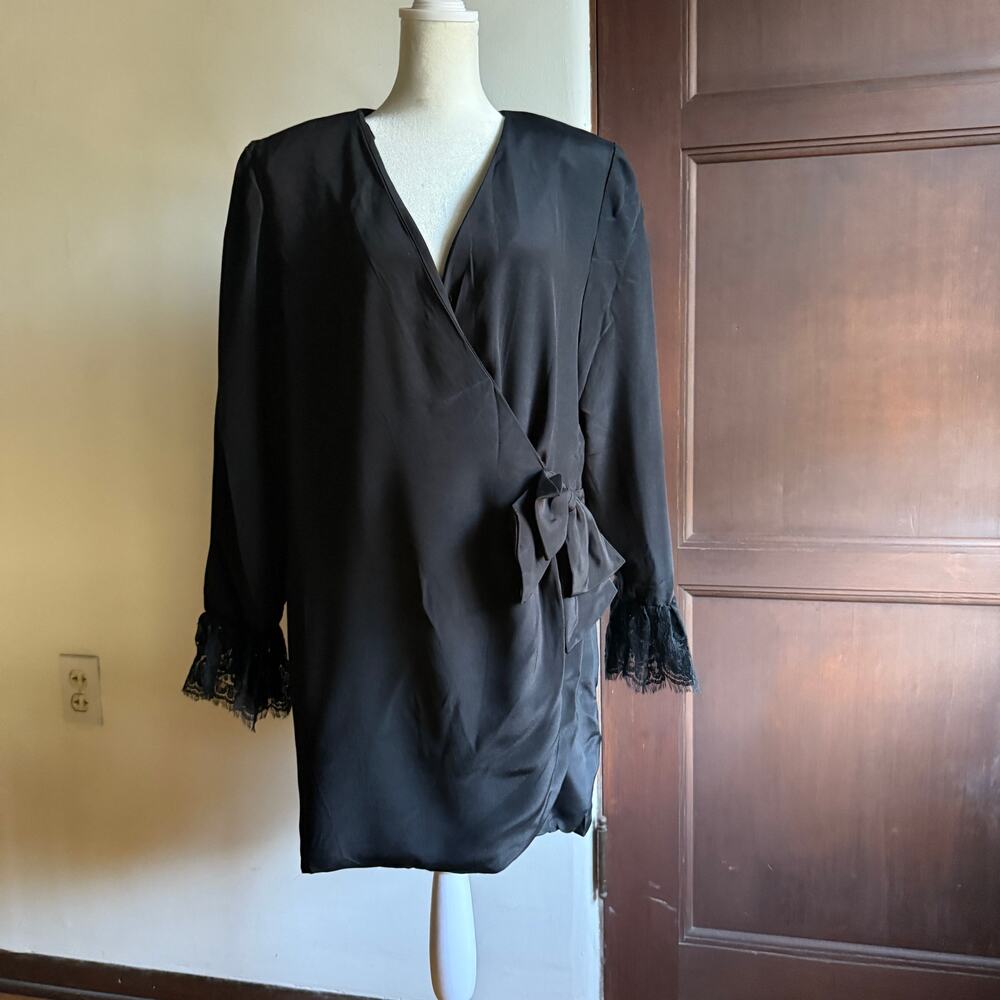 90s Vintage DOMINIC ROMPOLLO Black Wrap Jacket Mini Dress Lace Cuffs | Medium
